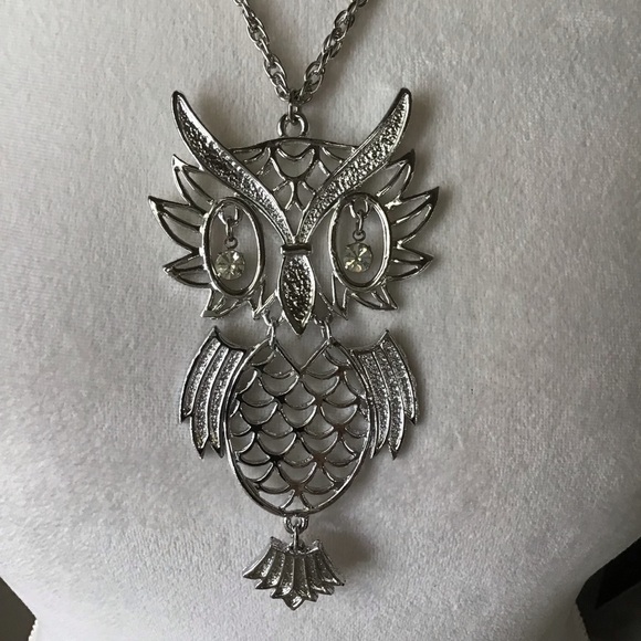 Vintage Jewelry - Vintage Owl Pendant Statement Necklace Silver Tone Rhinestone Eyes Articulated